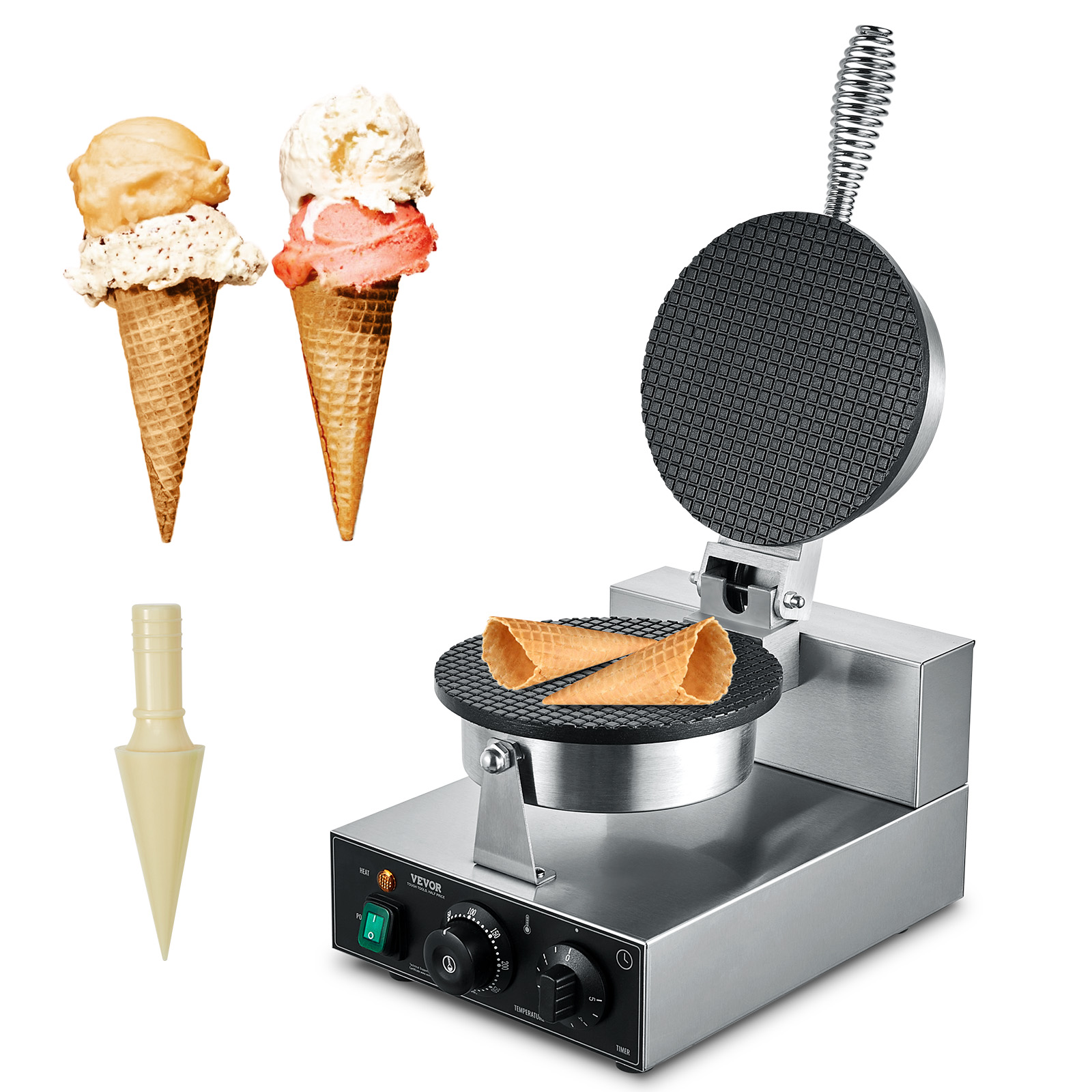Waffle Cone Maker - ซูซ์บายเครื่องทำโคนไอศกรีมไฟฟ้าเชิงพาณิชย์แม่พิมพ์ม้วนไข่สแตนเลสไม่ติดพร้อมระบบควบคุมอุณหภูมิและเวลา